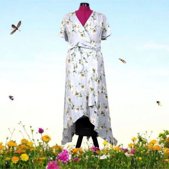 Promesa Dresses & Skirts - Promesa High-low Wrap Dress Light Blue Floral Asymmetrical Spring Summer Sz M